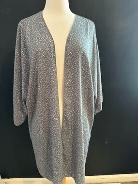 Lightweight Open Front Kimono Cardigan in Dusty Teal  with Pink Floral  One Size